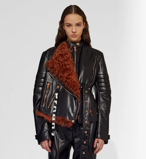 Leather Belted Moto Jacket with Shearling Panel