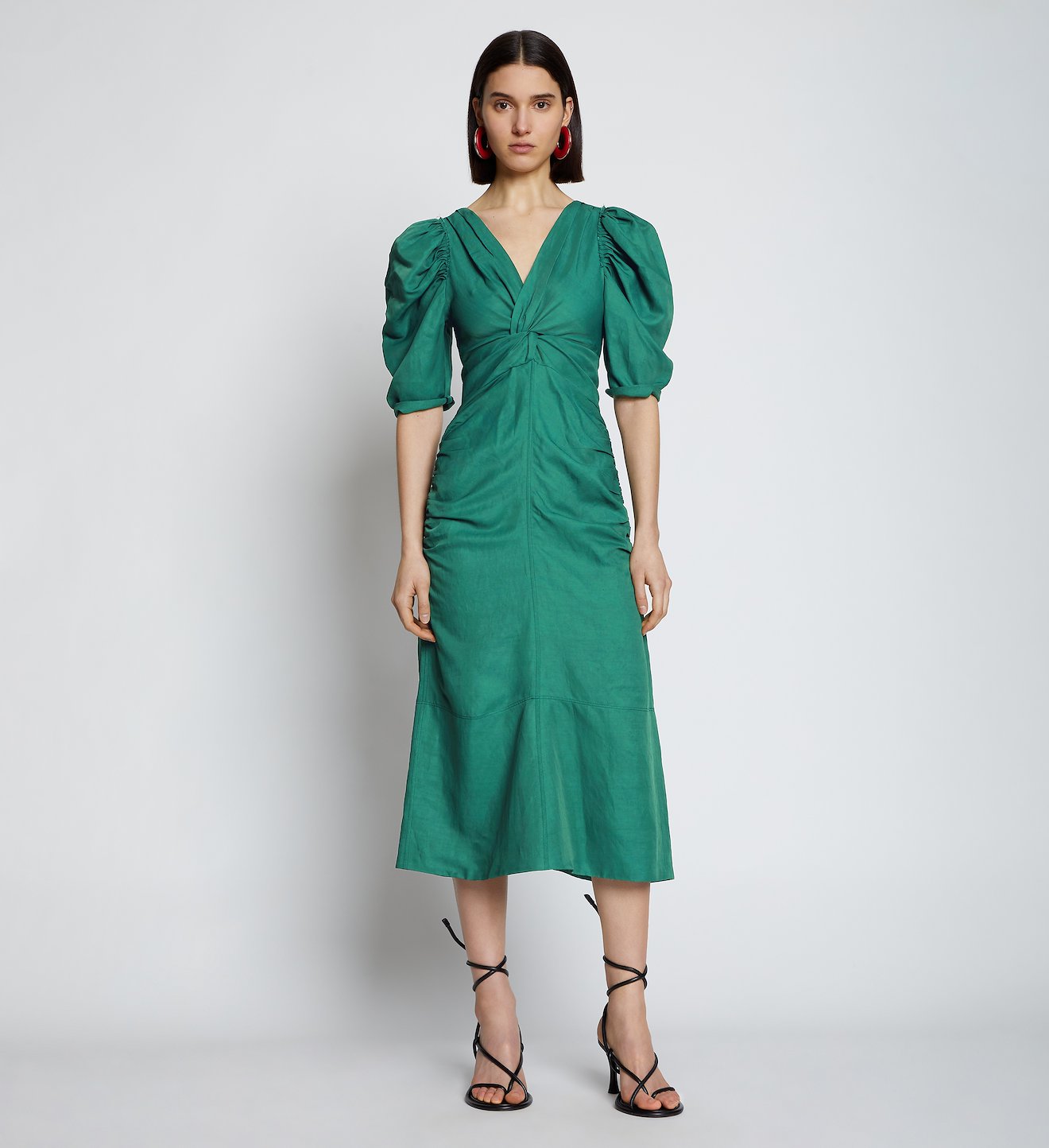 Linen Viscose Shirred Sleeve Dress