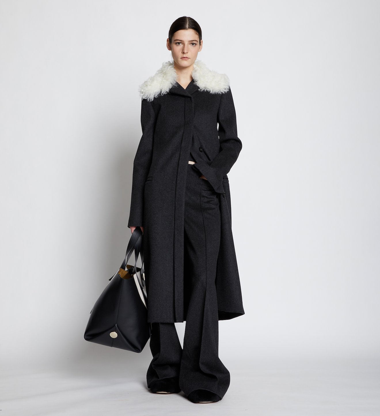 Melange Virgin Wool Shearling Collar Coat