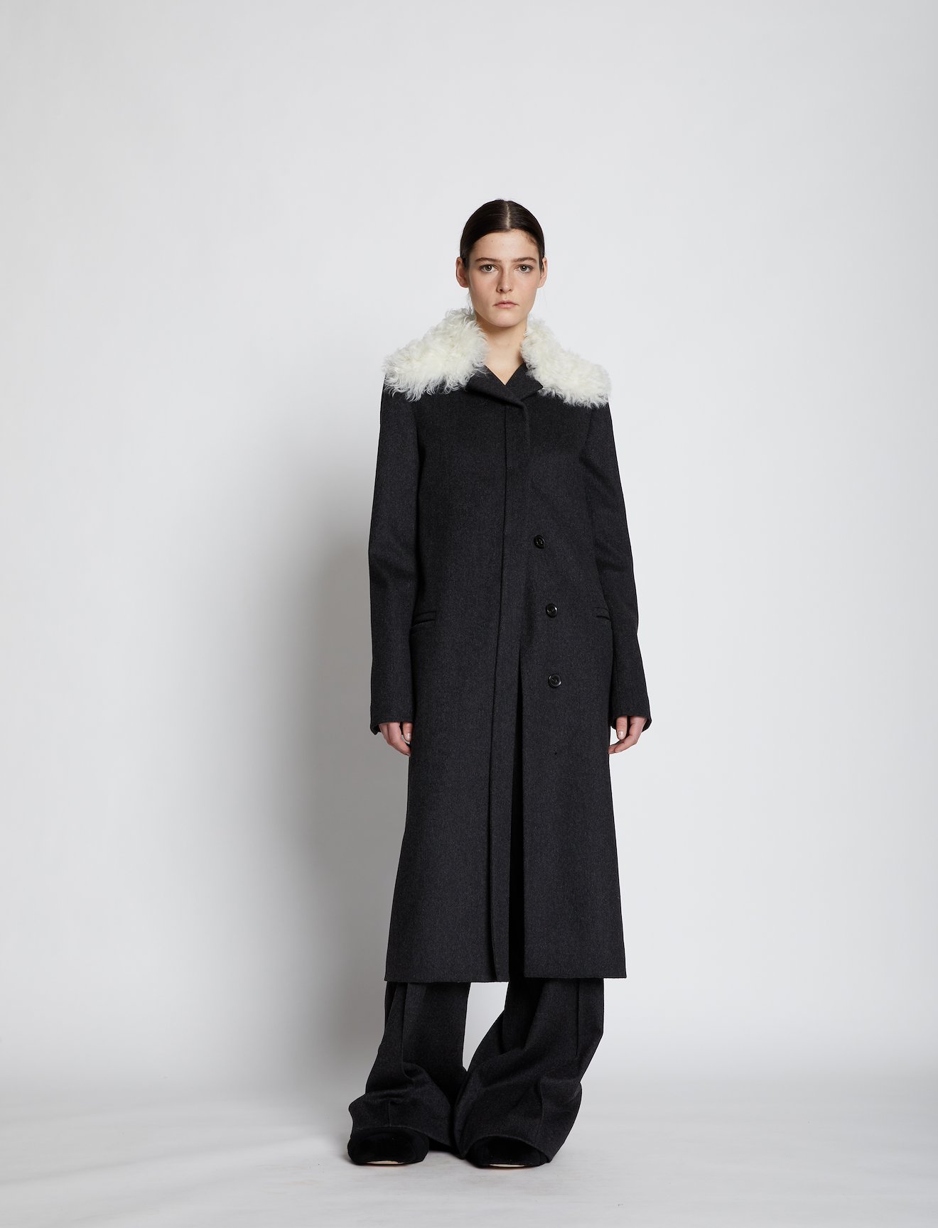 Melange Virgin Wool Shearling Collar Coat #4