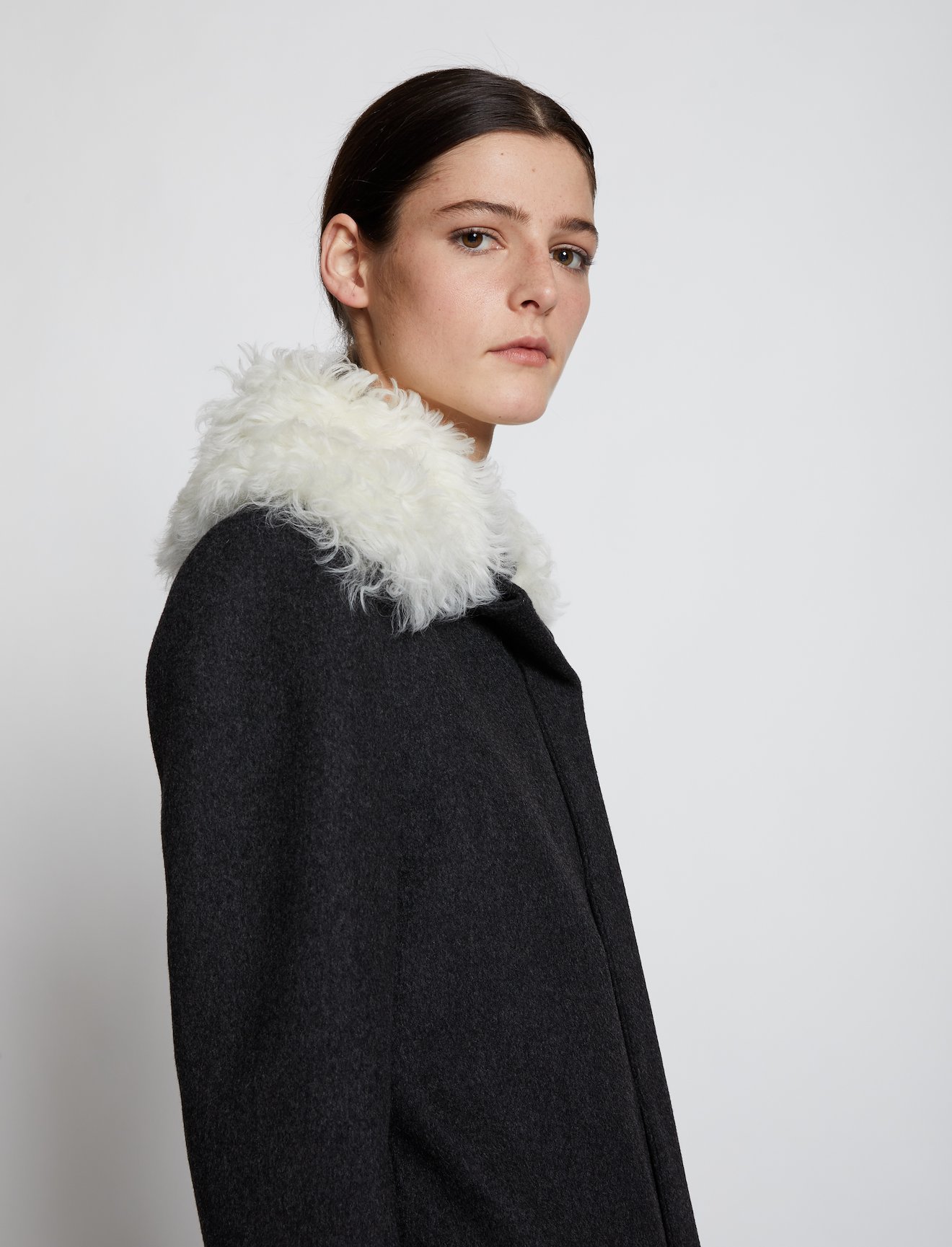 Melange Virgin Wool Shearling Collar Coat #3