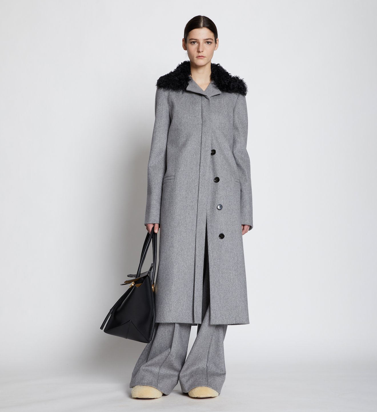 Melange Virgin Wool Shearling Collar Coat