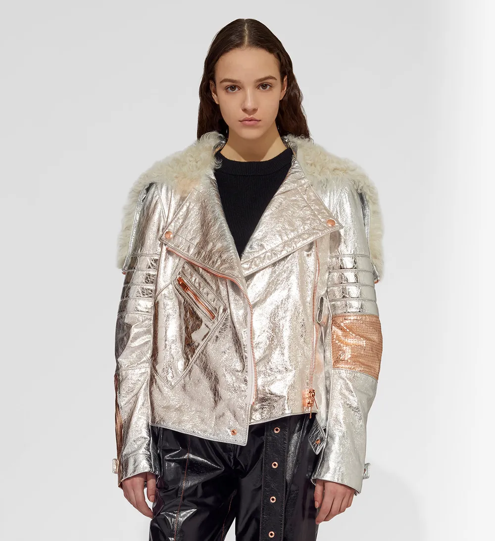 Metallic Leather Moto Jacket with Shearling