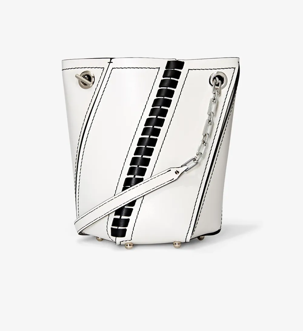 Mini White Leather Hex Bucket Bag