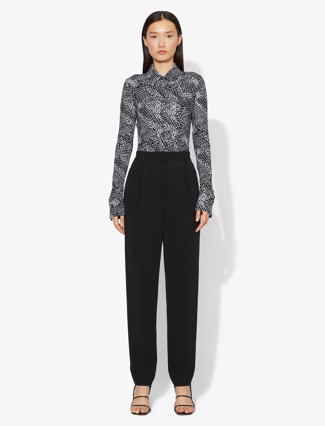 Patchwork Animal Long Sleeve Matte Jersey Button Down Top #1