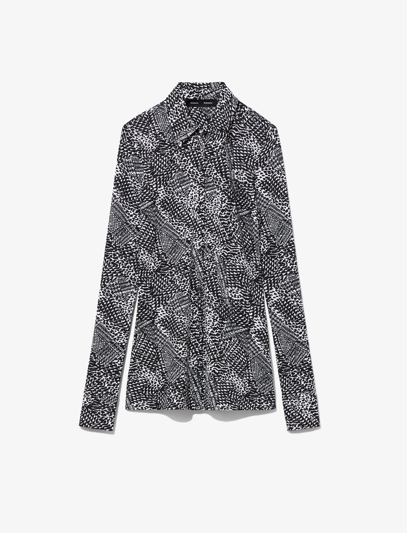 Patchwork Animal Long Sleeve Matte Jersey Button Down Top #4