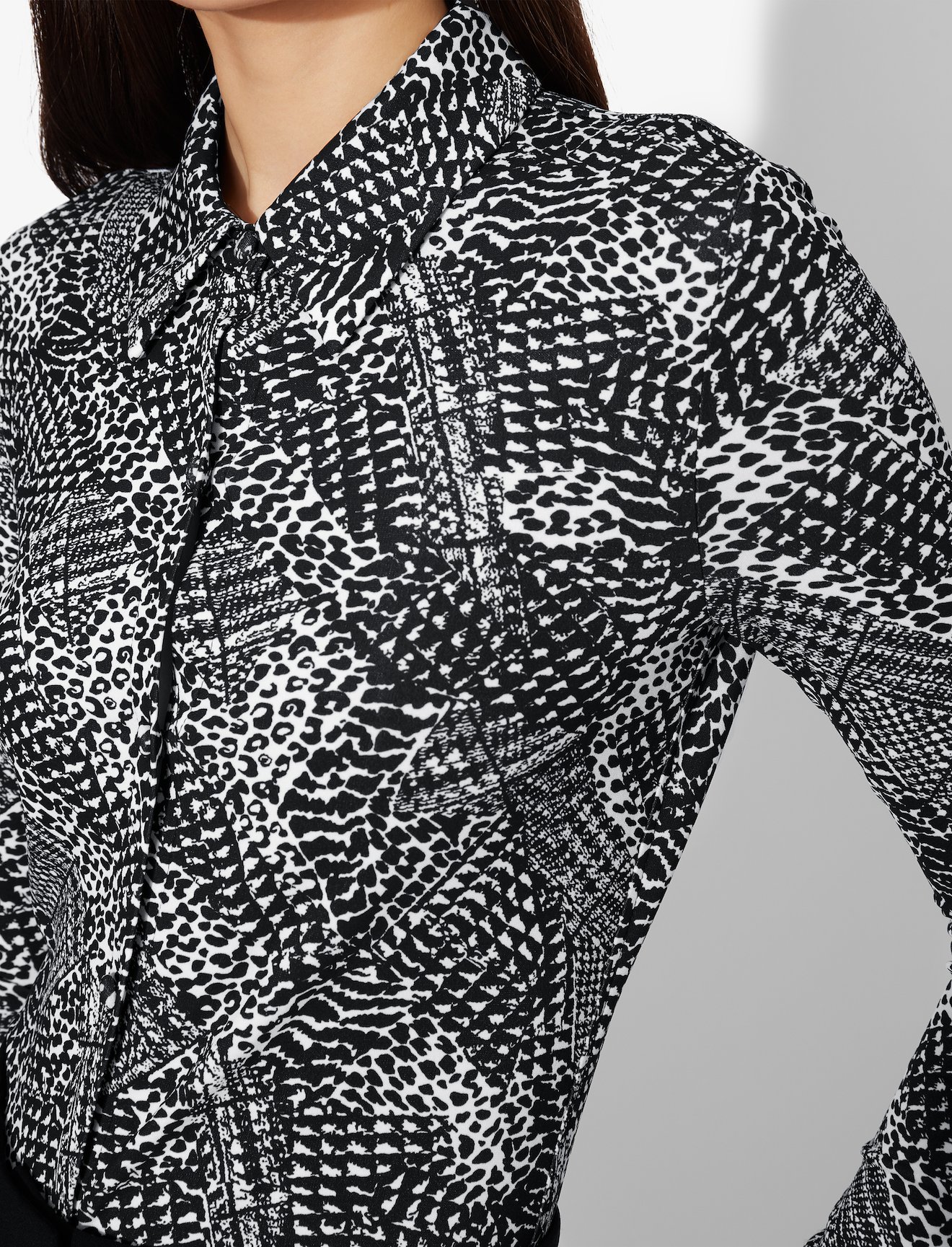 Patchwork Animal Long Sleeve Matte Jersey Button Down Top #3