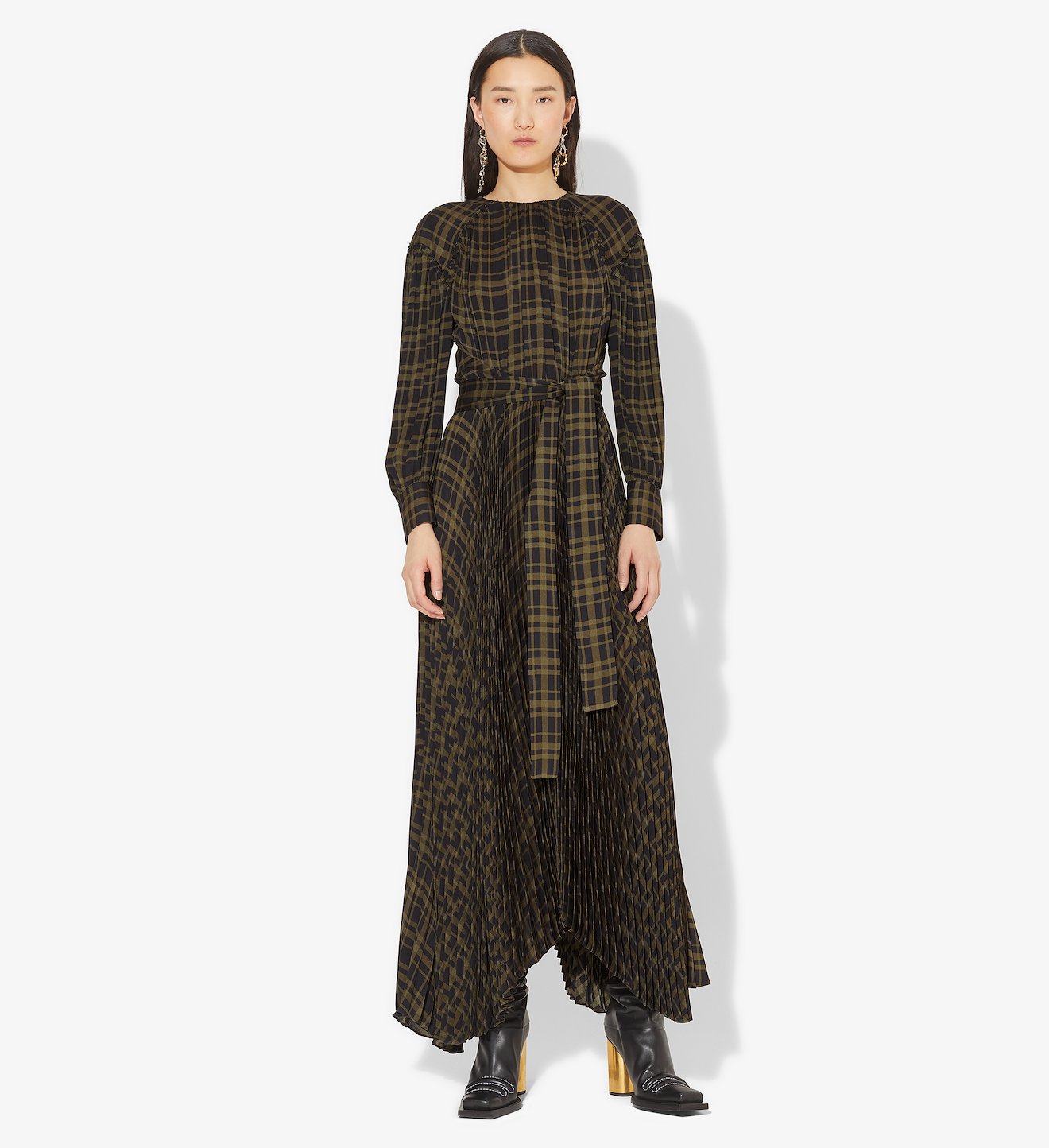 Plaid Chiffon Belted Long Dress