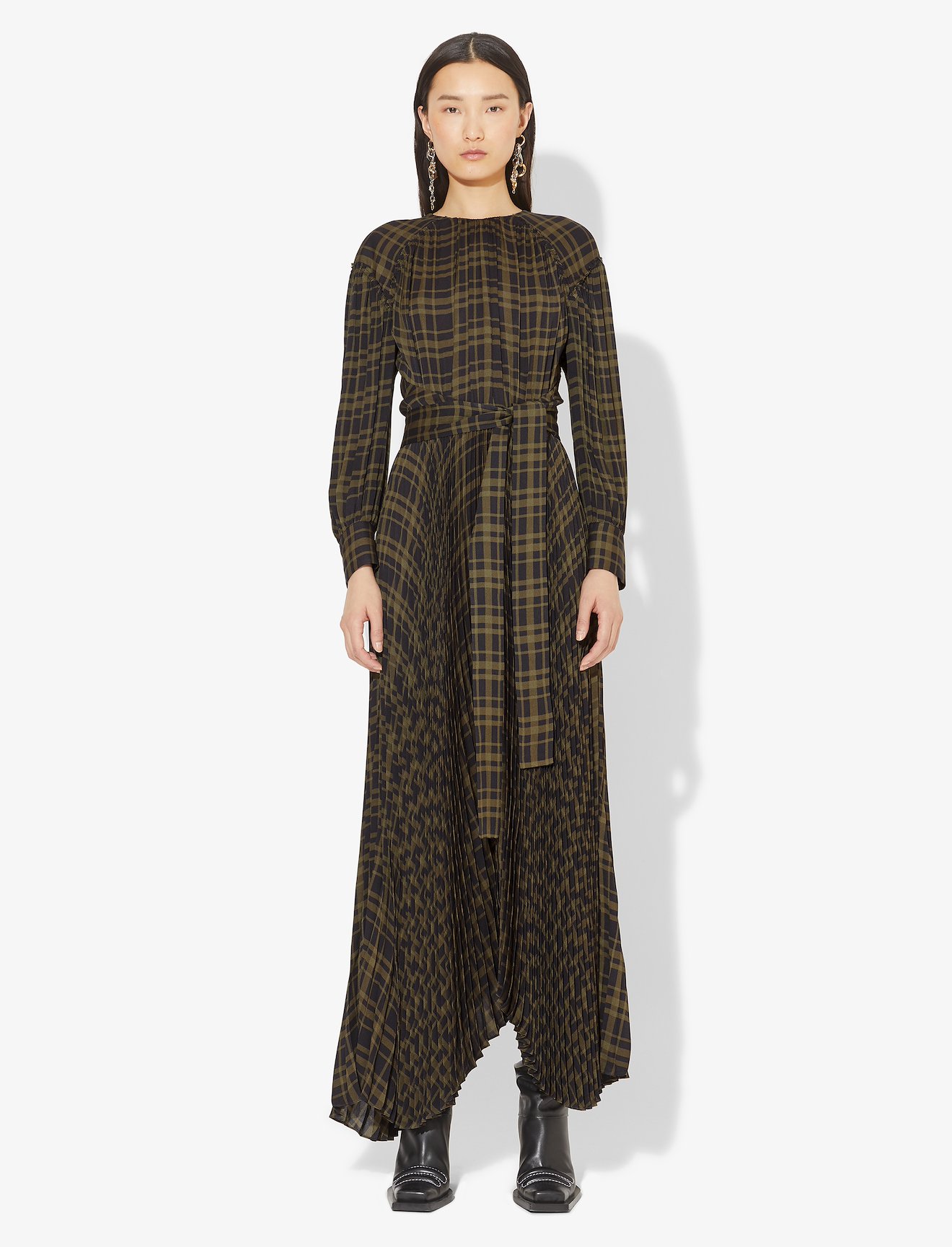 plaid chiffon belted long dress #1