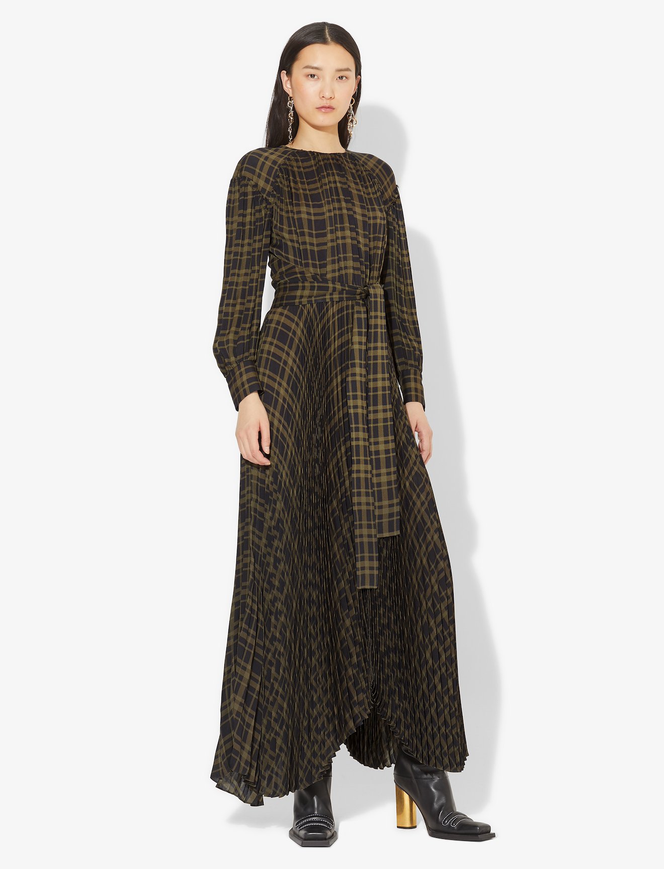 plaid chiffon belted long dress #5