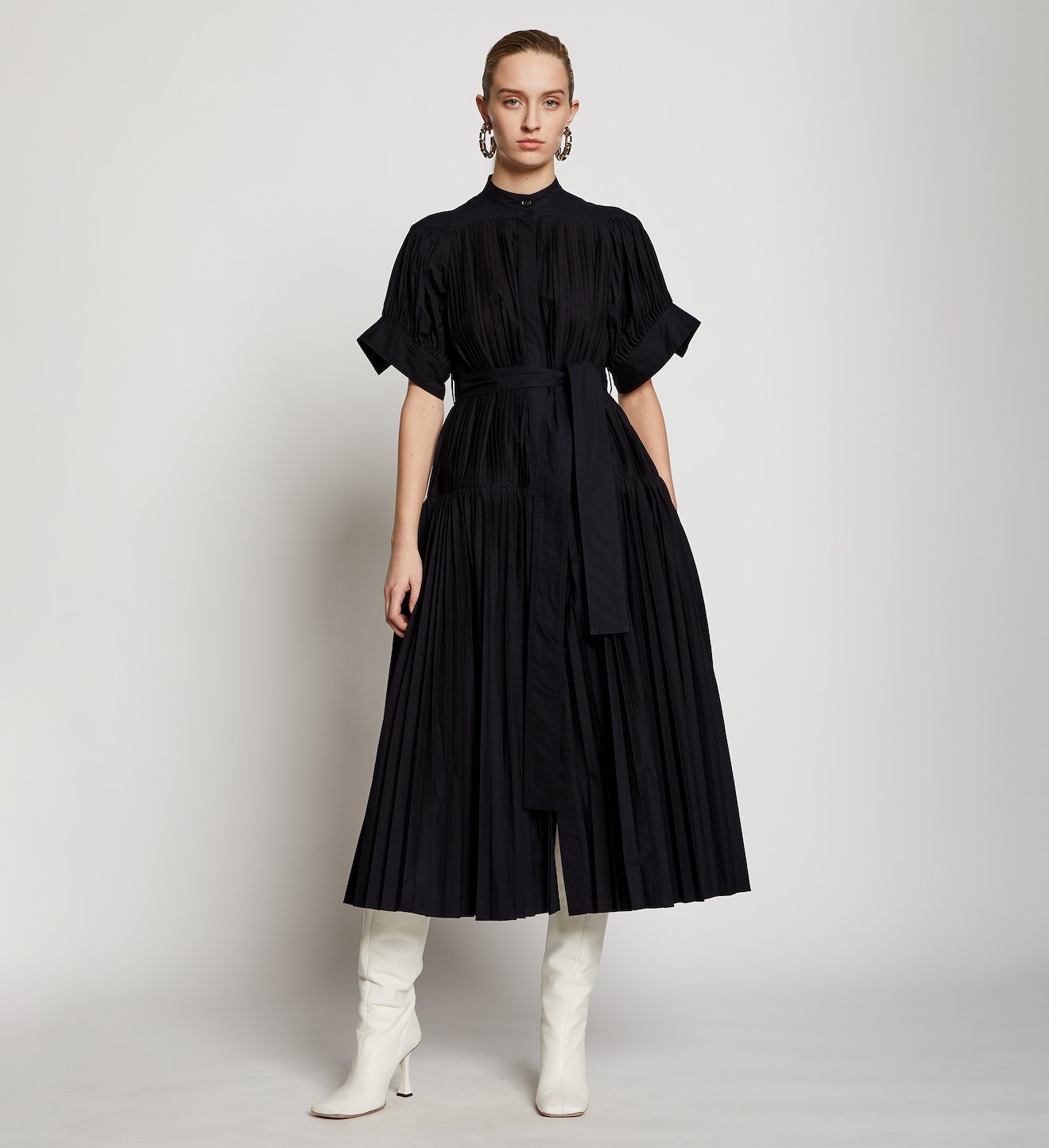 Pleated Poplin Belted Dress