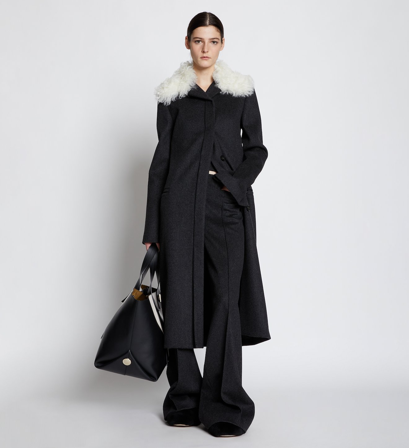 shearling-collar melange wool coat