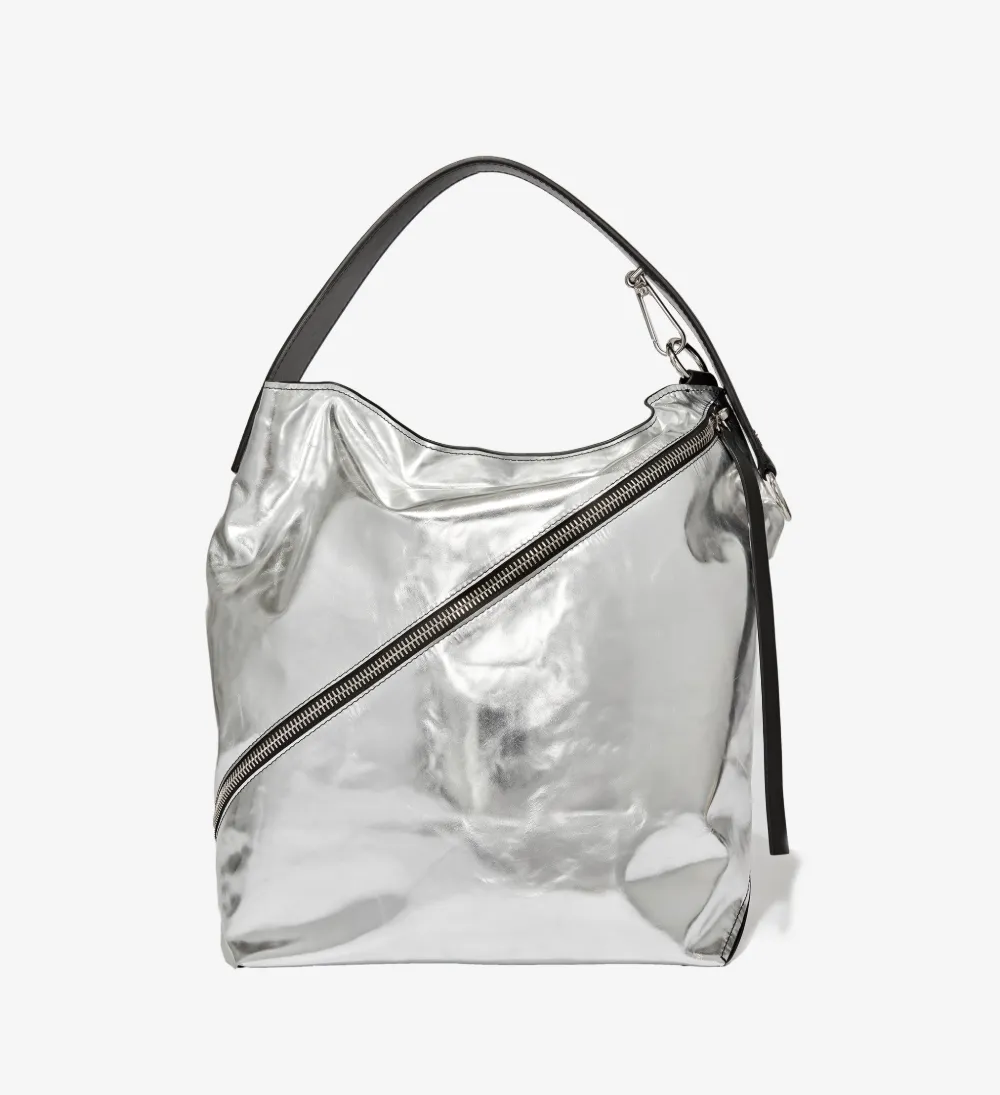 Silver Zip Hobo Medium Leather Tote Bag