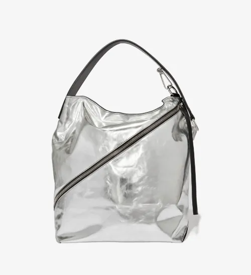Silver Zip Hobo Medium Leather Tote Bag