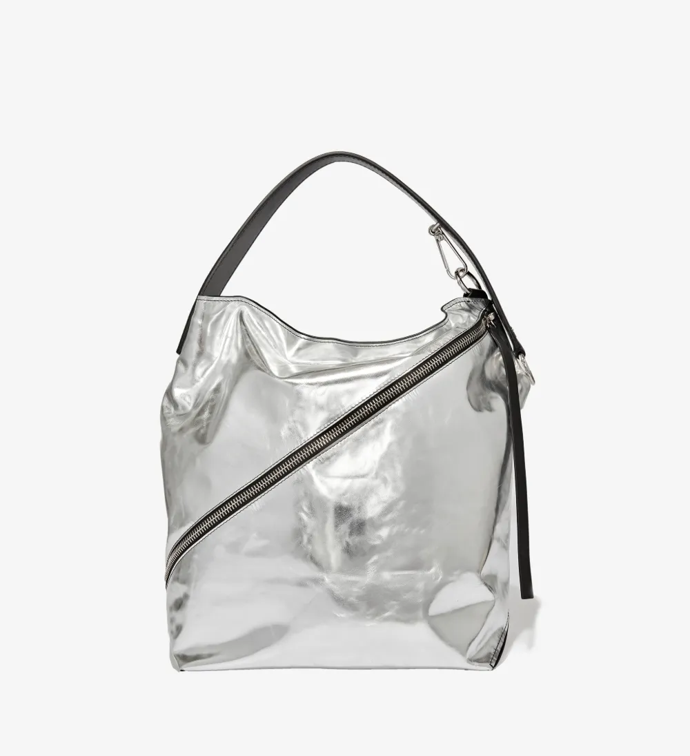 Silver Zip Hobo Medium Leather Tote Bag