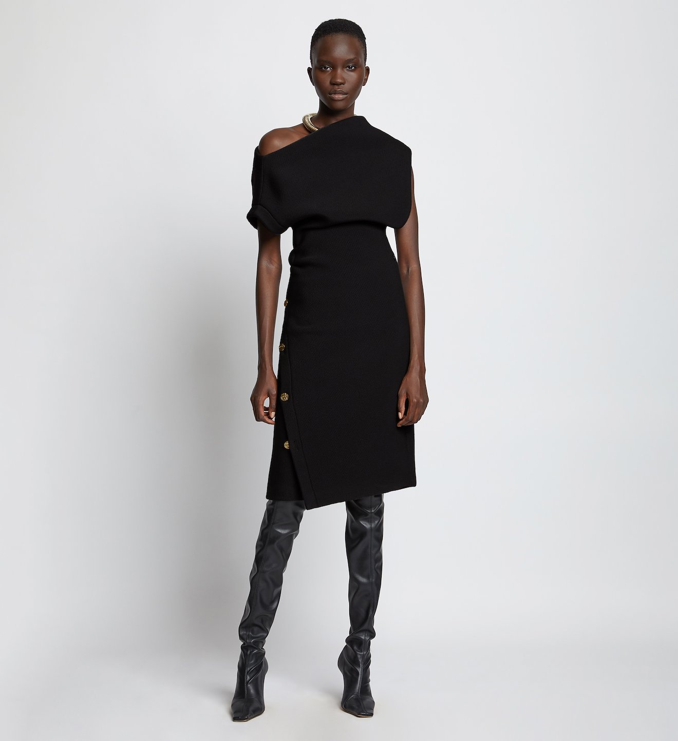 Twisted Off Shoulder Wool Twill Dress