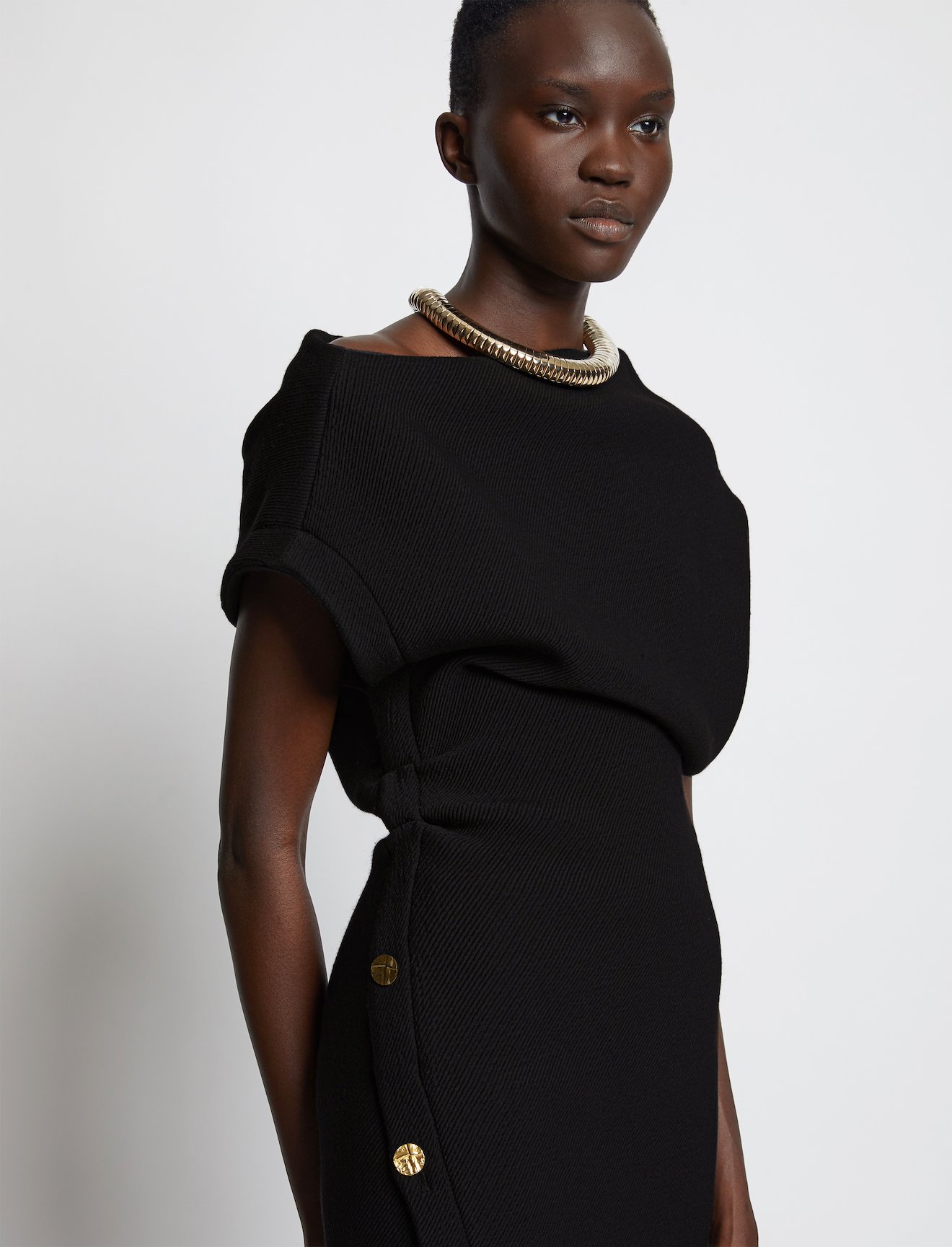 Twisted Off Shoulder Wool Twill Dress #3