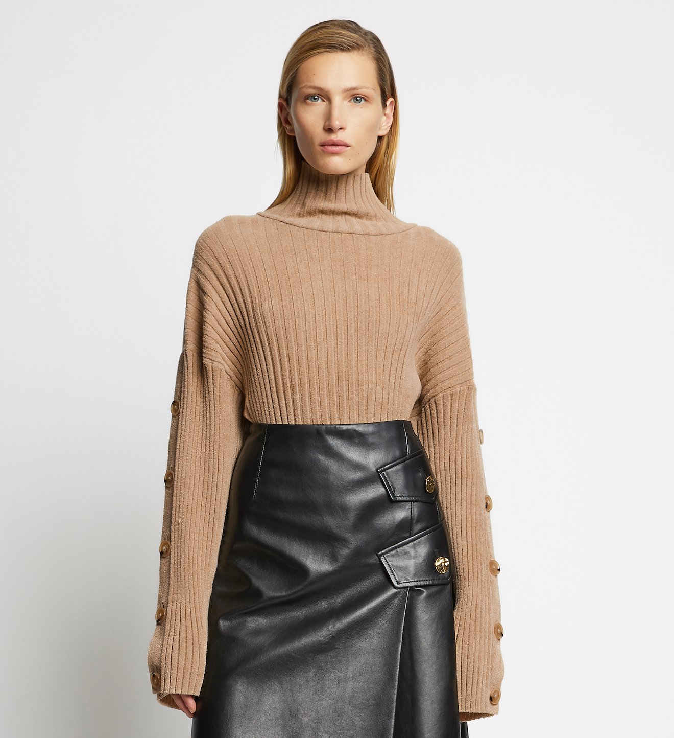 Velvet Merino Buttoned Turtleneck Sweater