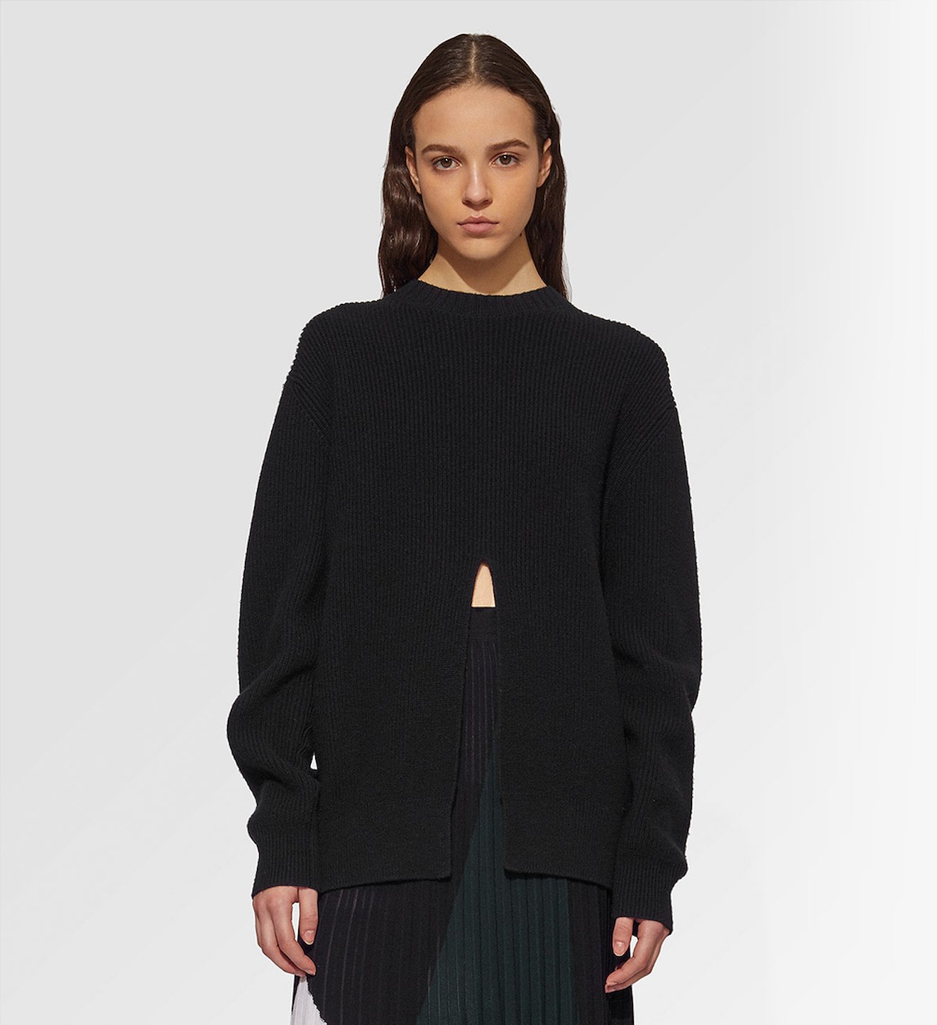 Vented Wool-Cashmere Sweater with Front Slit