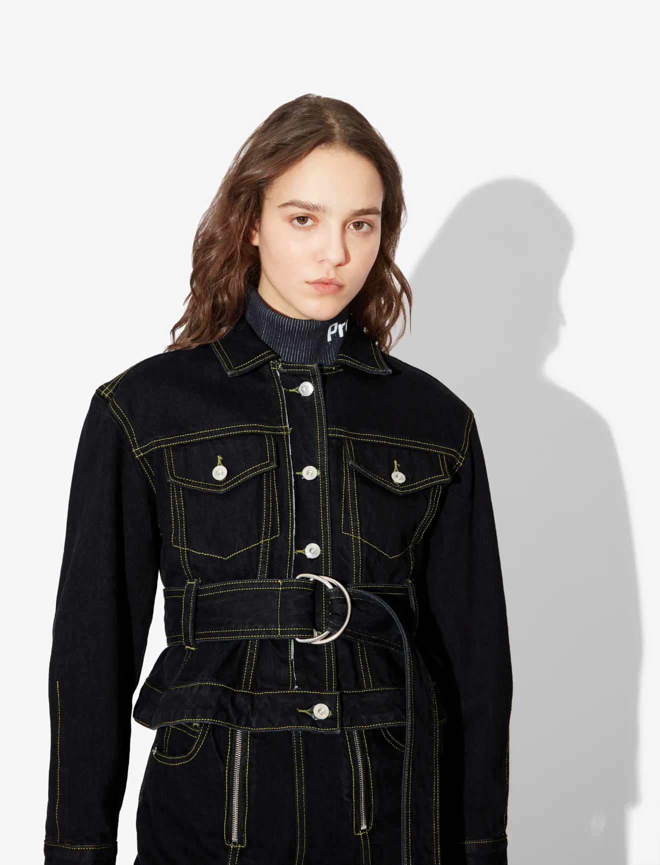 belted denim jacket black