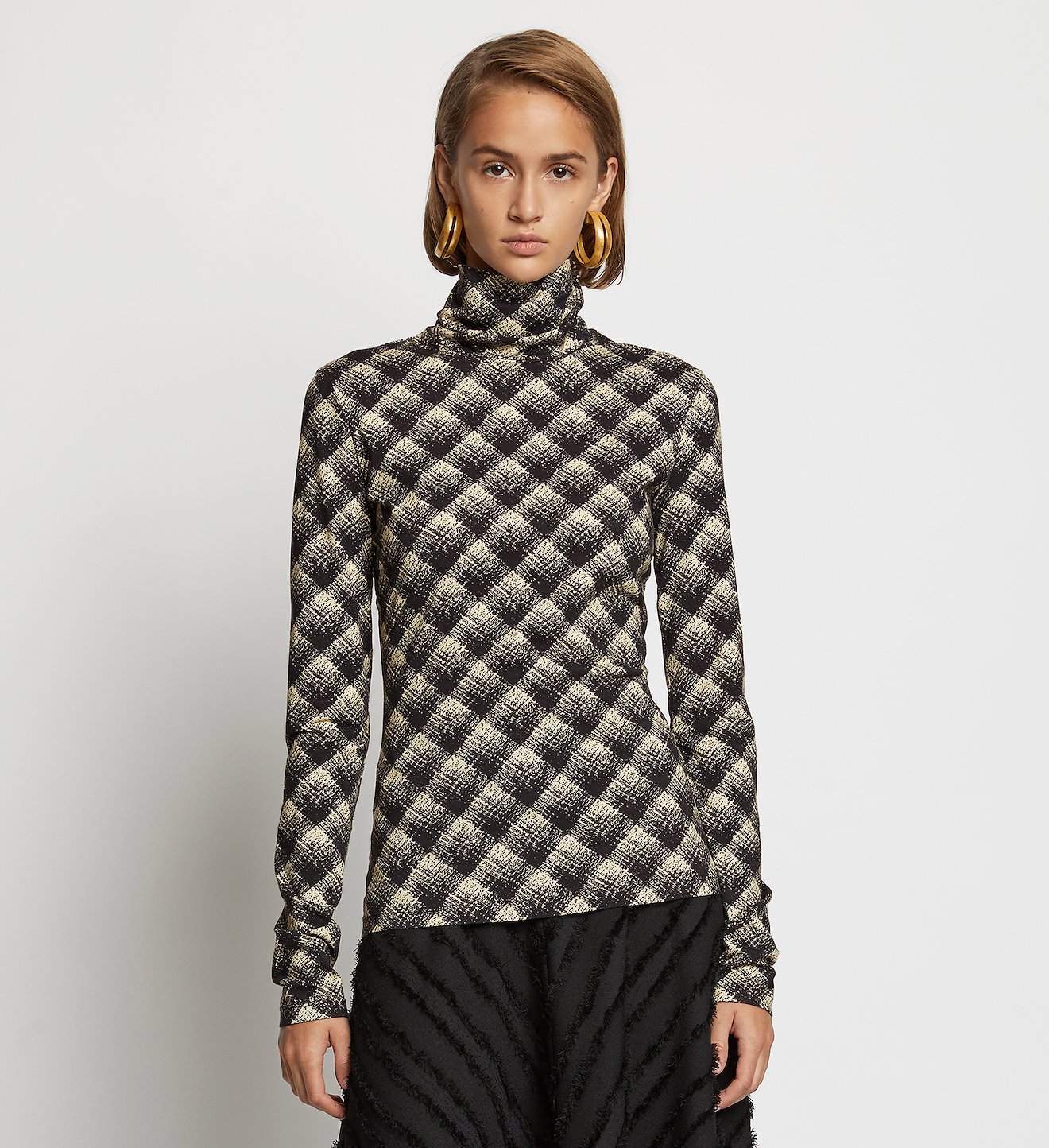 Brushed Plaid Jersey Turtleneck Top