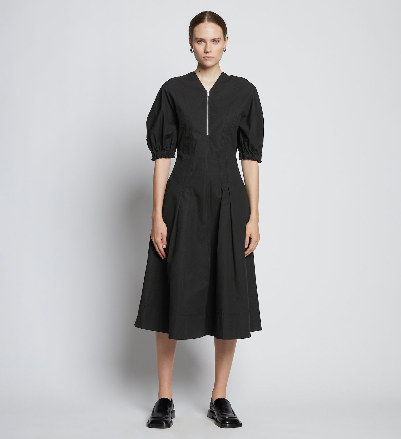 Cotton Linen Puff Sleeve Dress in black | Proenza Schouler