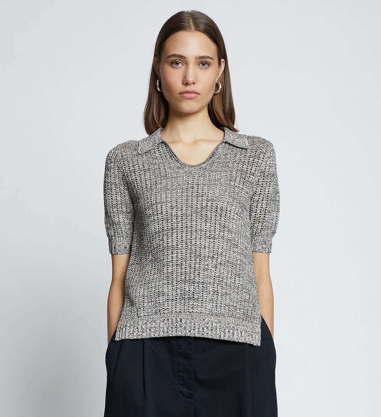 Cotton Silk Pique Knit Polo Top