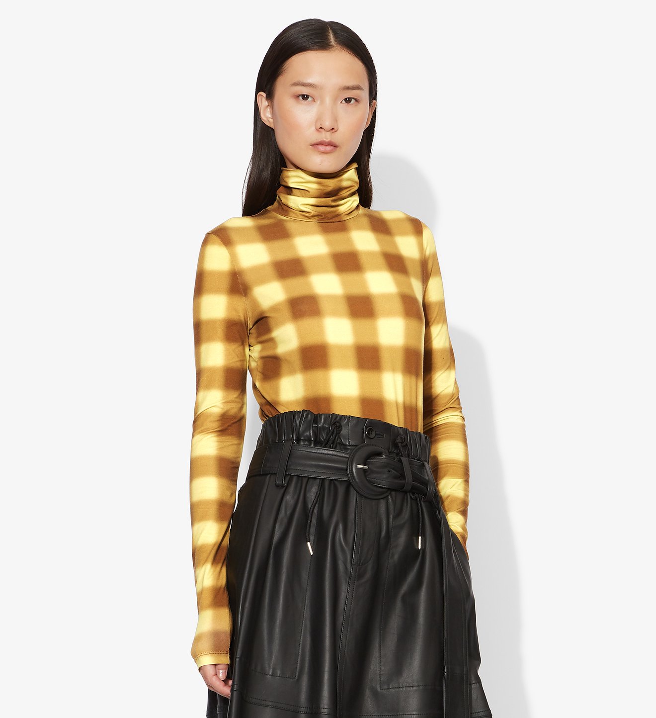 Diffused Gingham Jersey Long Sleeve Turtleneck