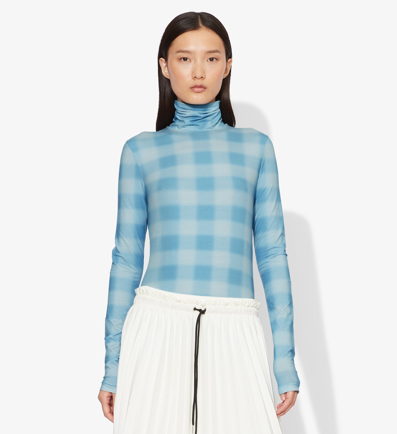 Diffused Gingham Jersey Long Sleeve Turtleneck