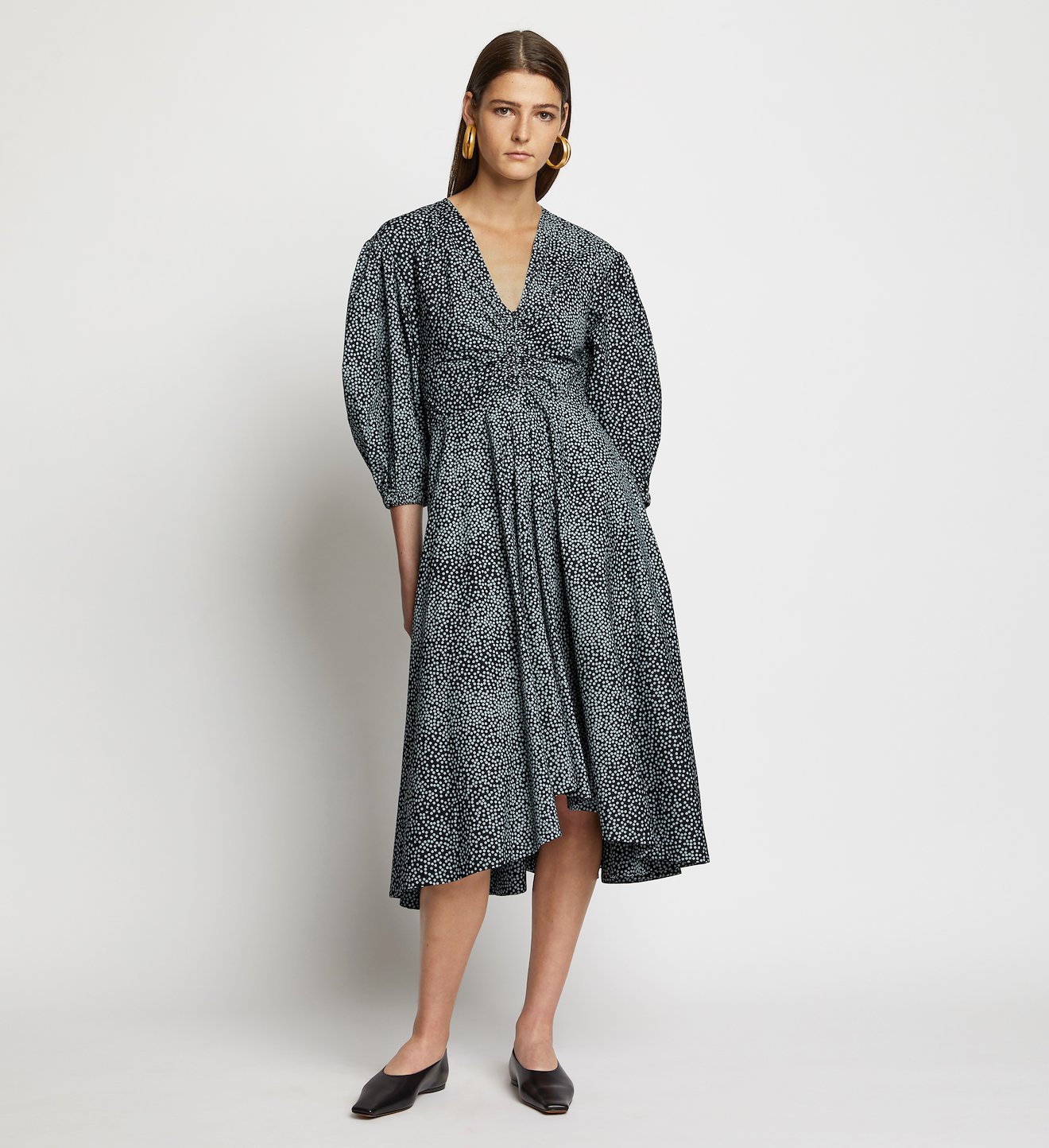 Dot Print Puff Sleeve Poplin Dress