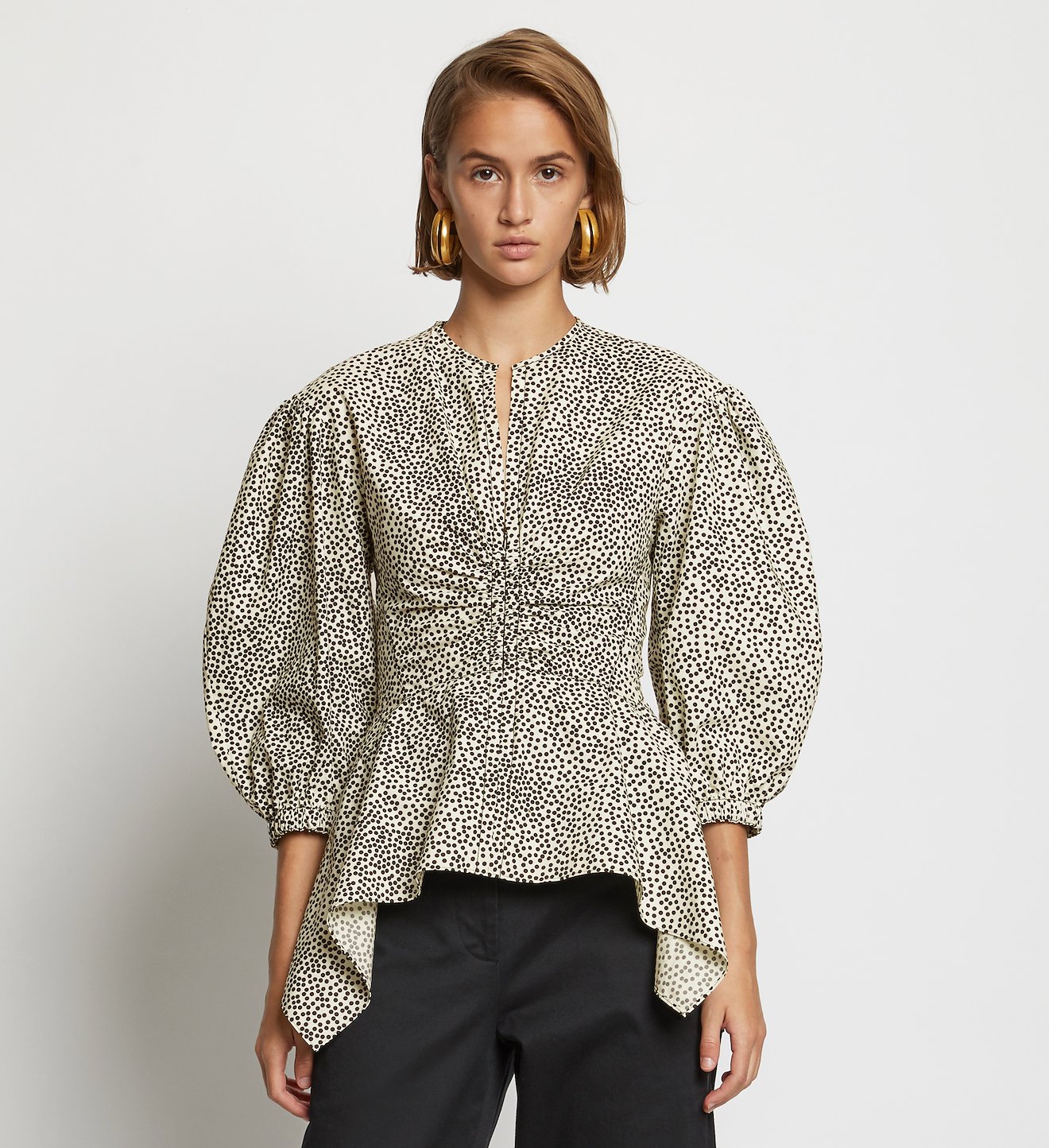 Dot Print Puff Sleeve Poplin Top
