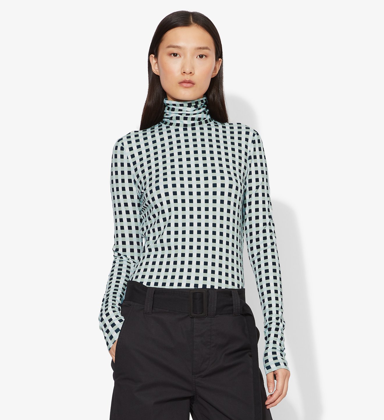 Multicolor Gingham Jersey Long Sleeve Turtleneck