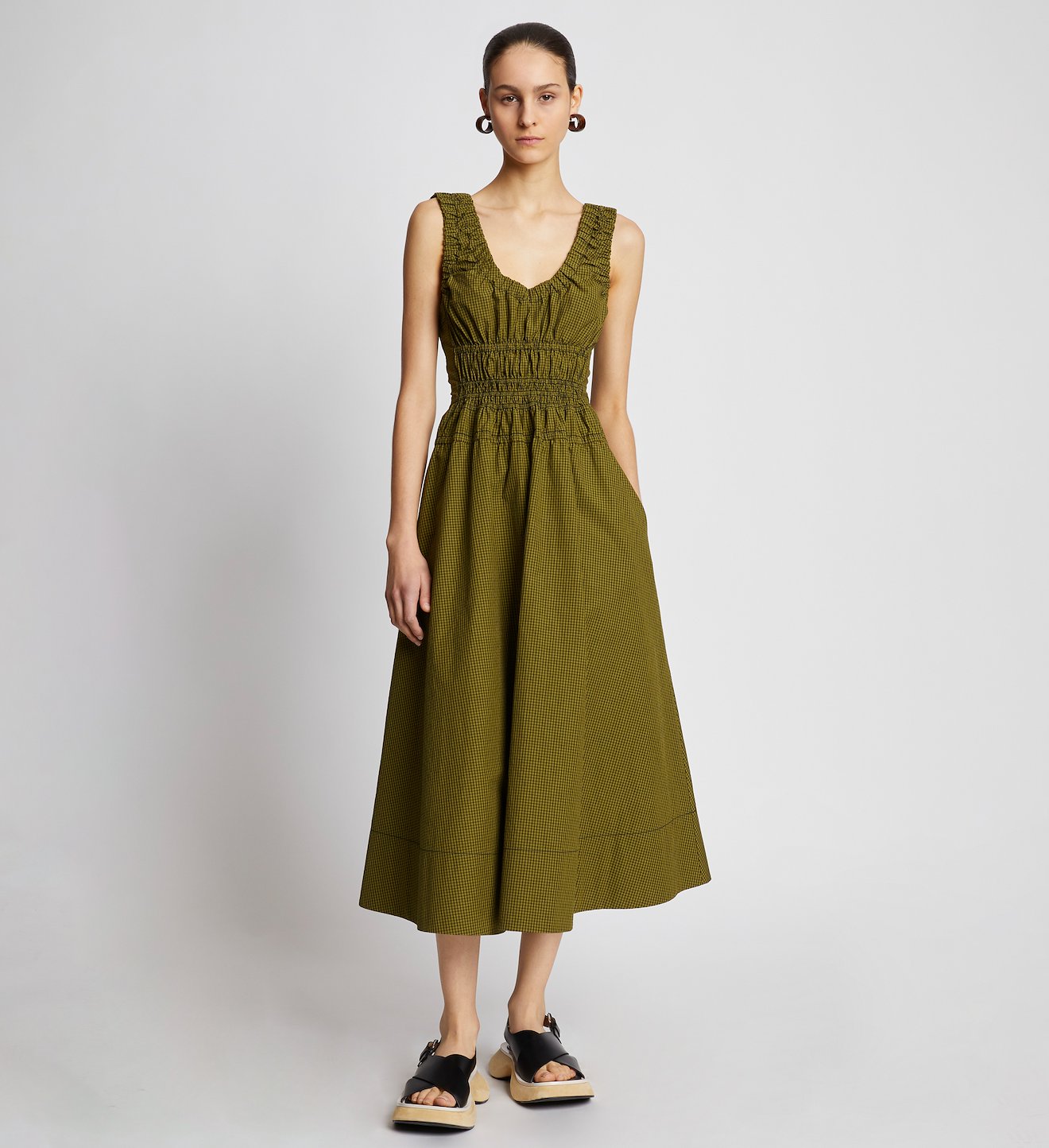Plaid Poplin Gathered Maxi Dress