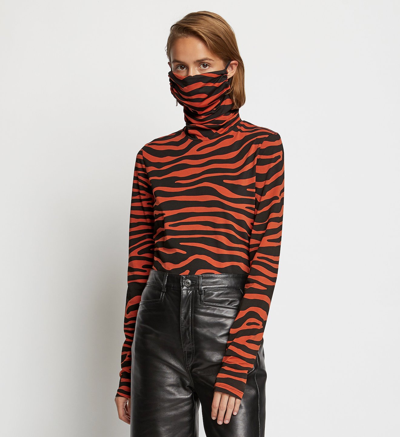 Zebra Print Masked Turtleneck Jersey Top