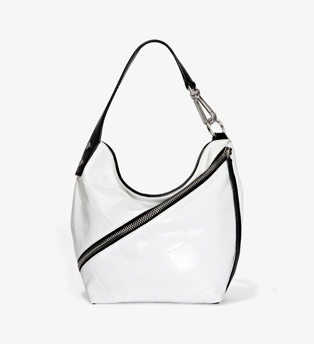 White Zip Hobo Croc Leather Shoulder Bag