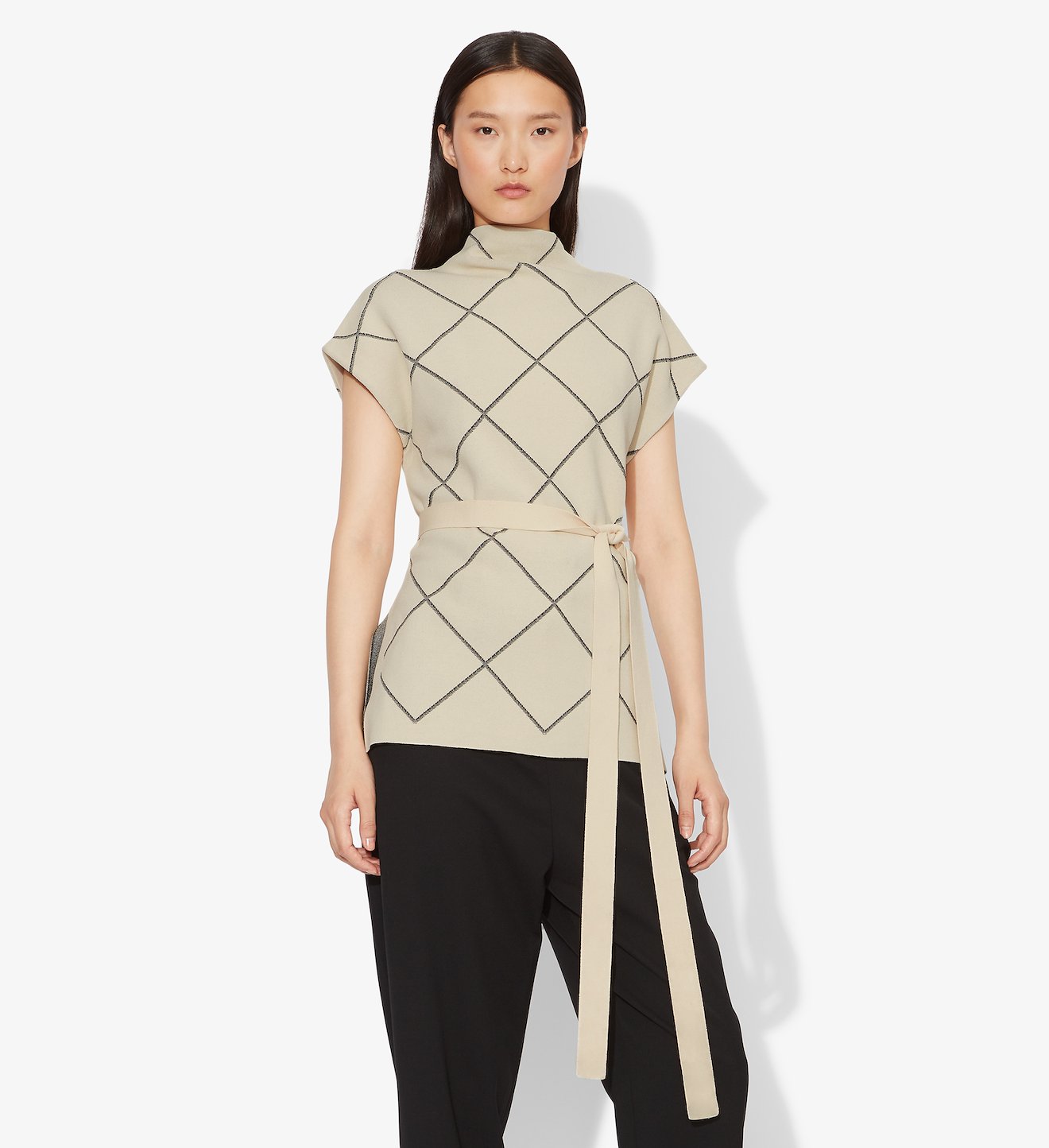 Windowpane Short Sleeve Knit Top
