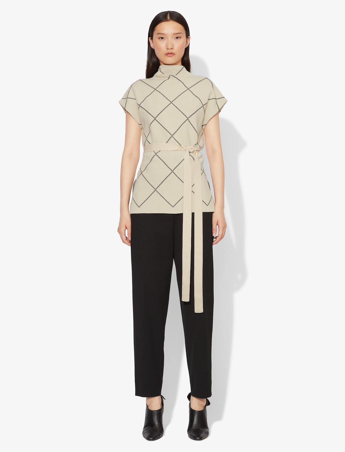 Windowpane Short Sleeve Knit Top #1