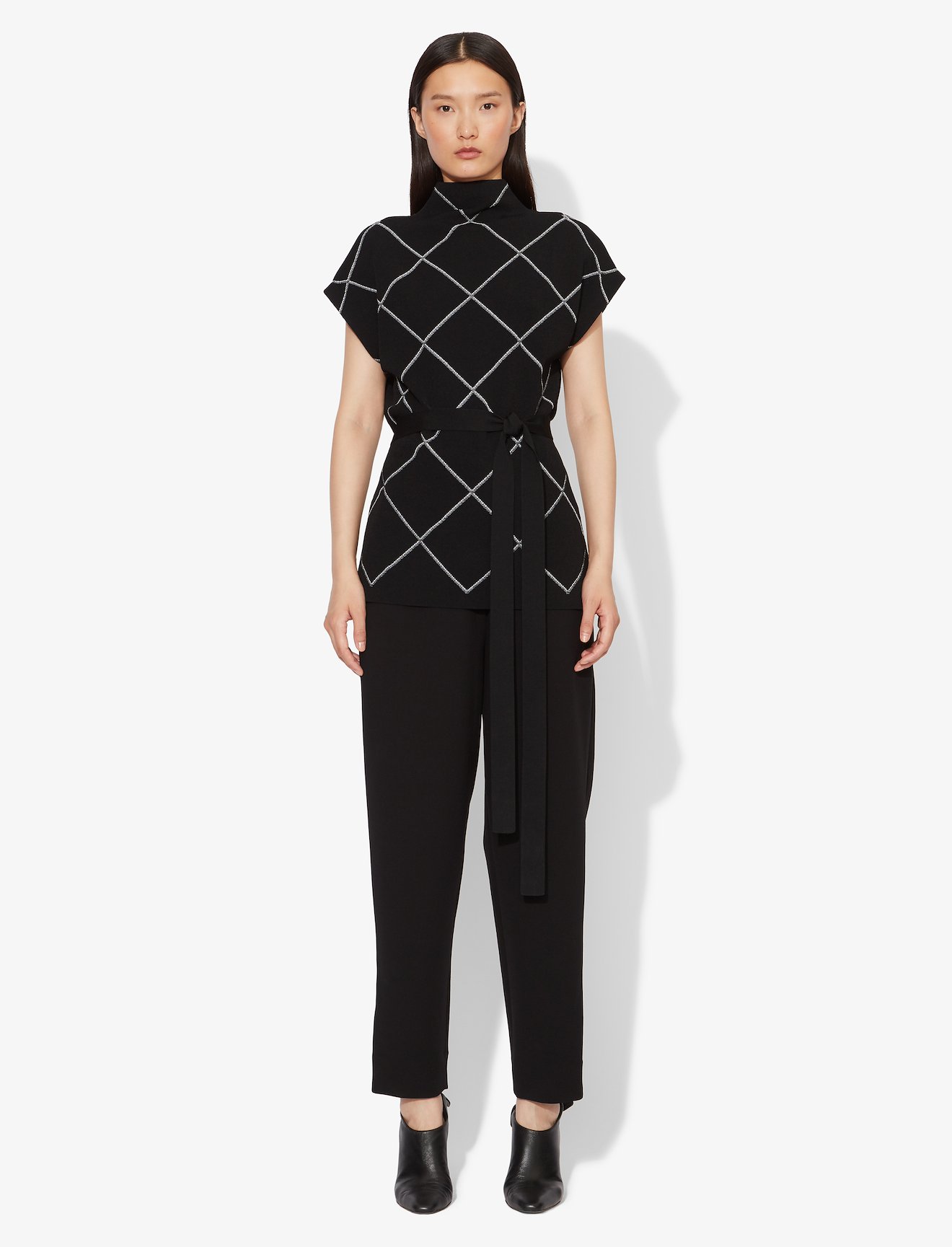 Windowpane Short Sleeve Knit Top #1