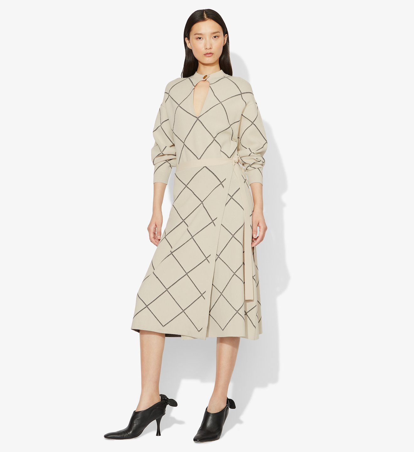 Windowpane Wrap Knit Keyhole Dress
