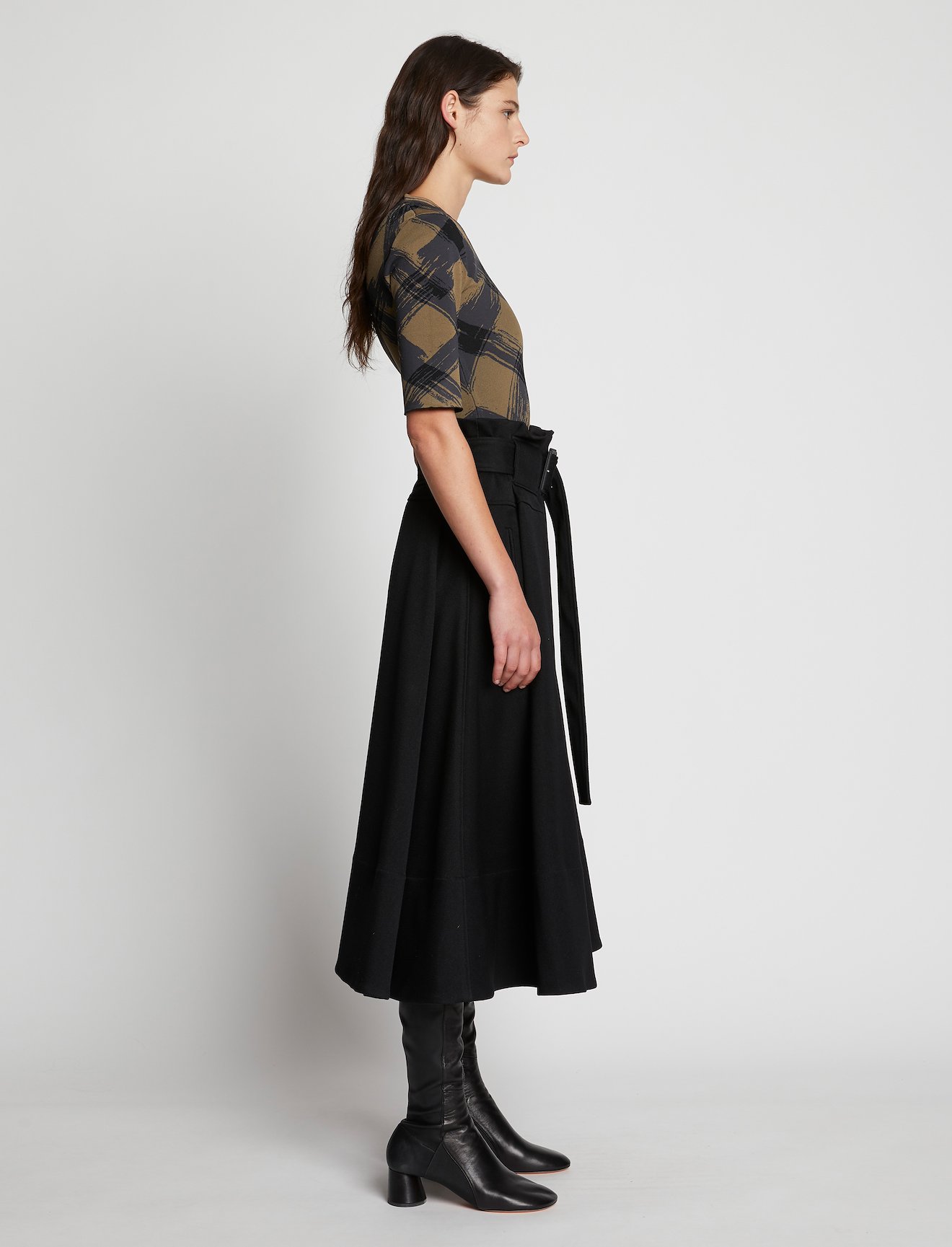 Wool Twill Belted Midi Skirt #1