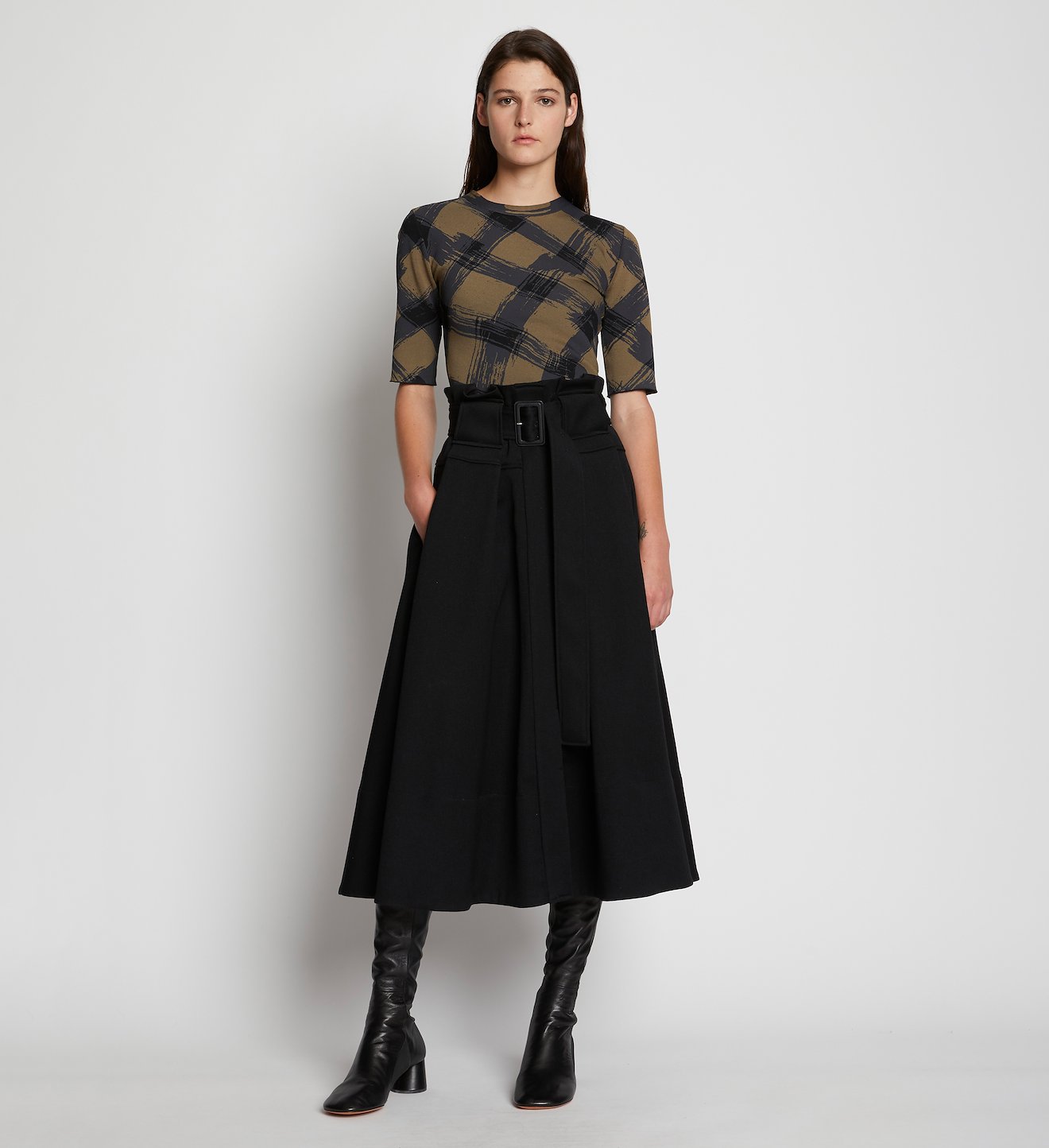 Wool Twill Belted Midi Skirt