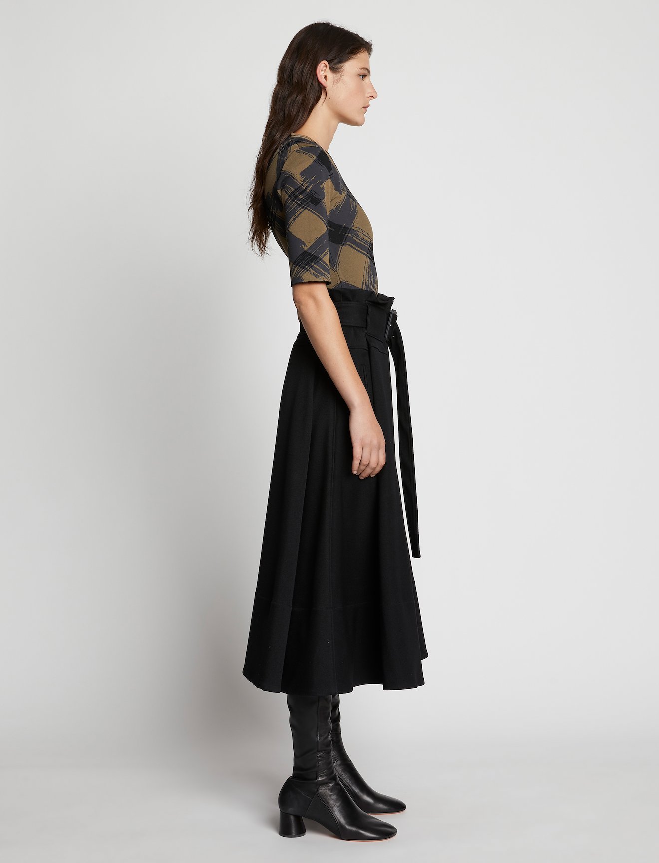 Wool Twill Belted Midi Skirt #1