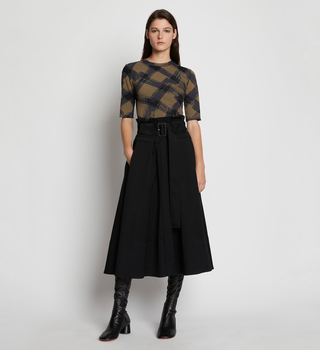 Wool Twill Belted Midi Skirt