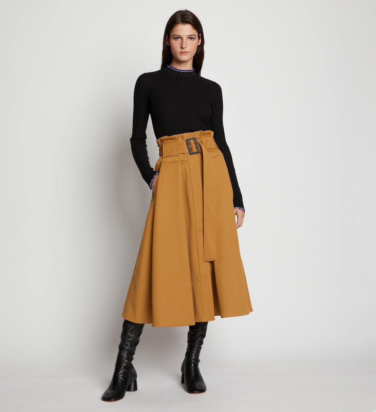 Wool Twill Belted Midi Skirt