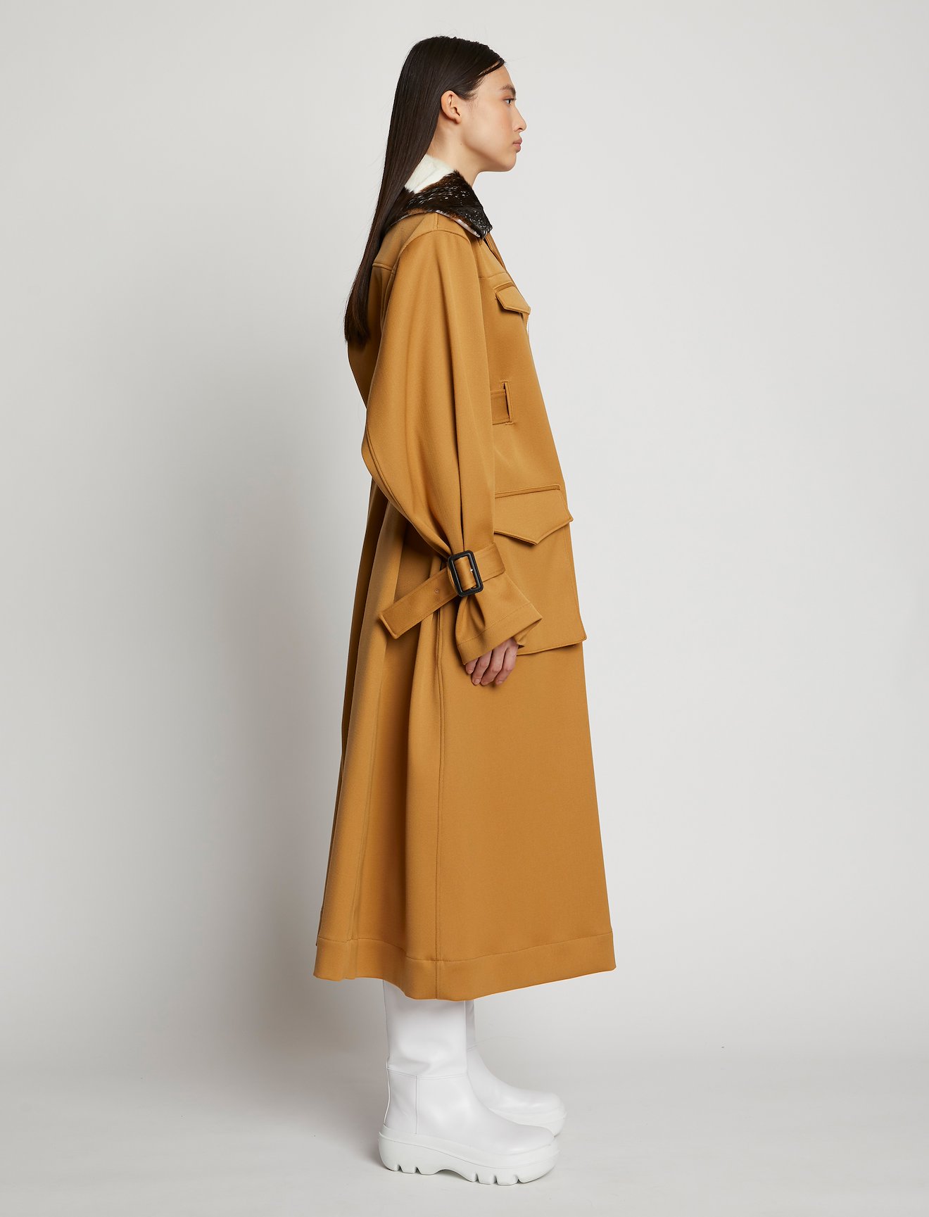Wool Twill Shearling Trimmed Belted Trench Coat #1
