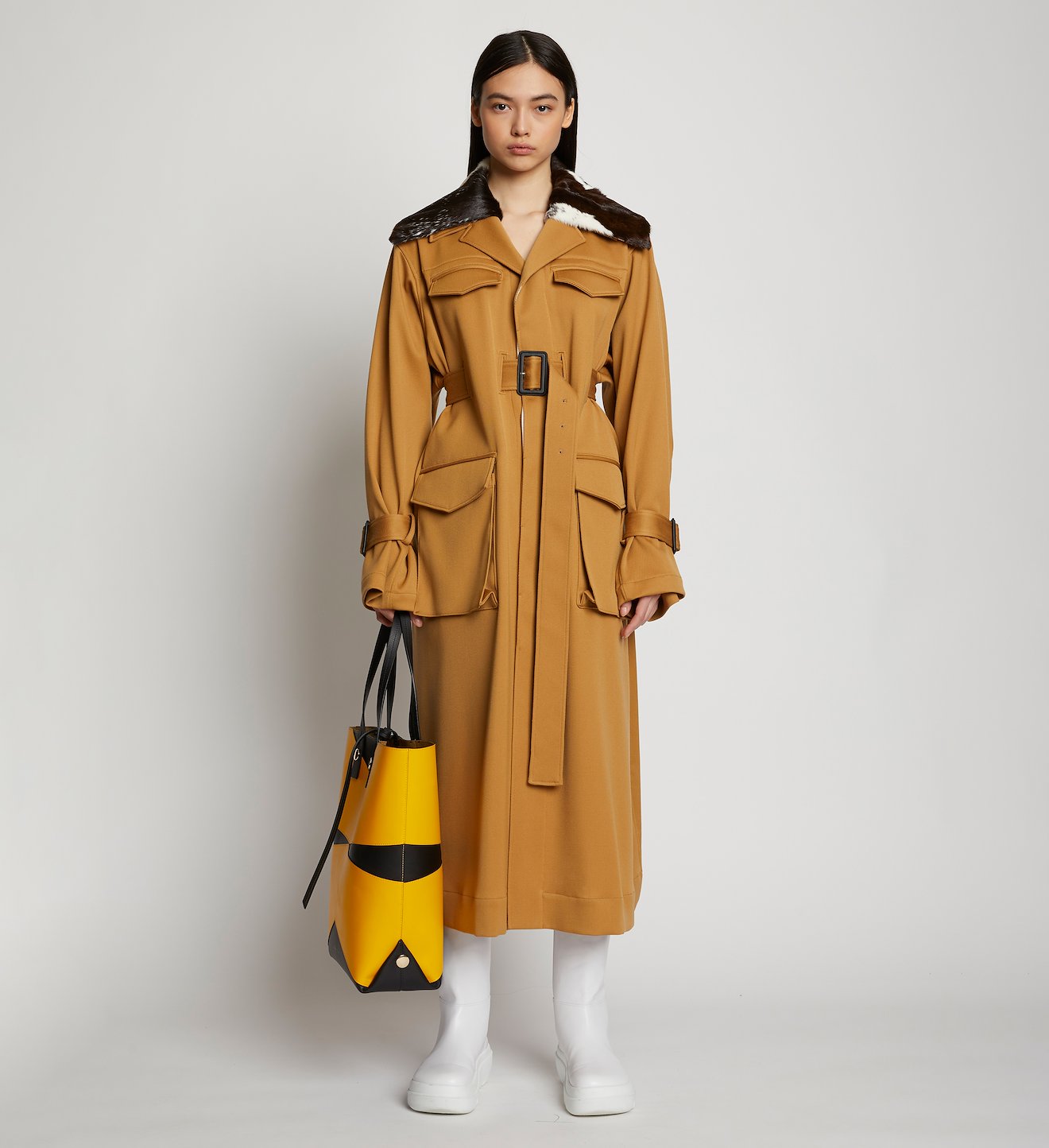 Wool Twill Shearling Trimmed Belted Trench Coat