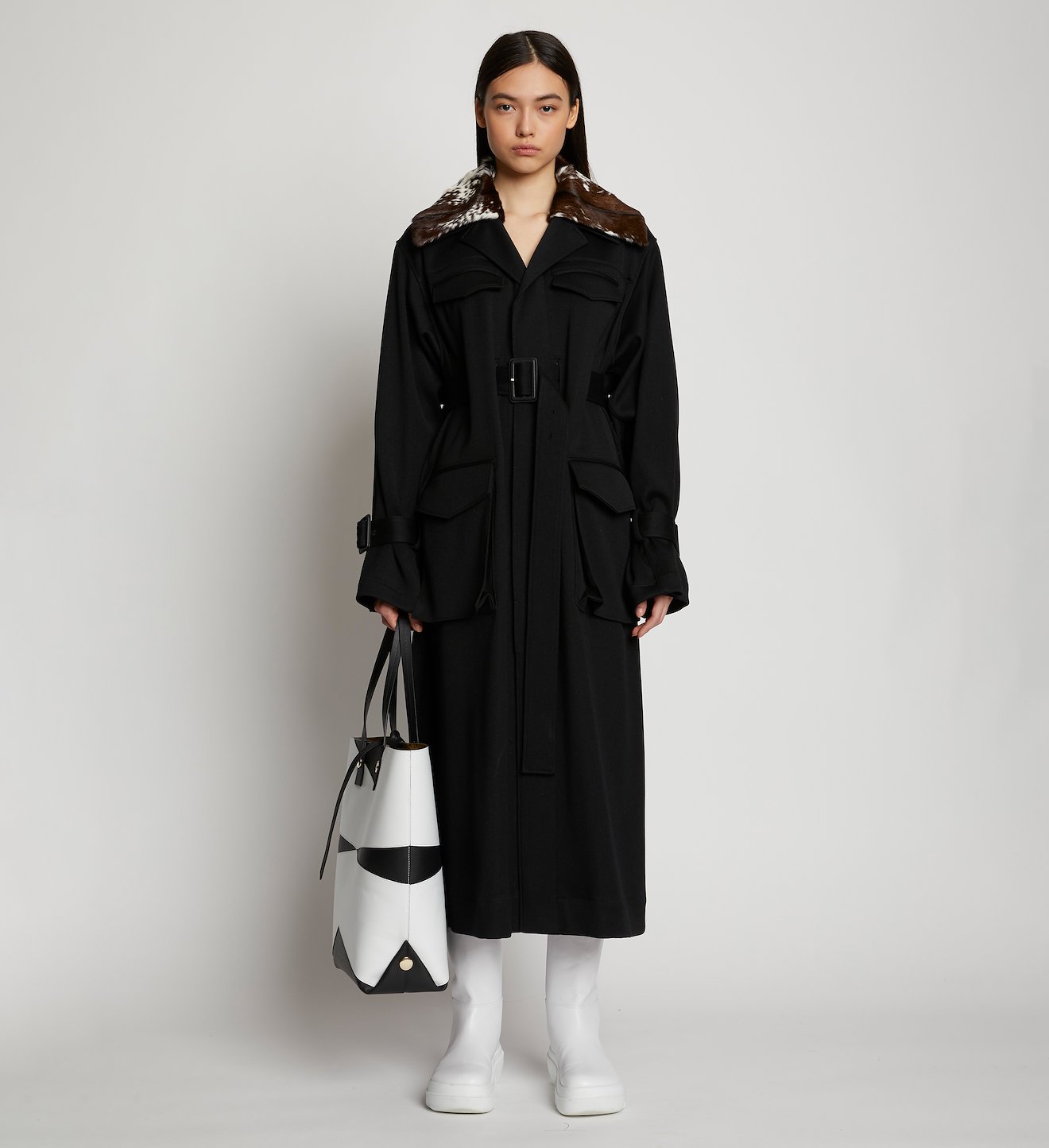 Wool Twill Shearling Trimmed Belted Trench Coat