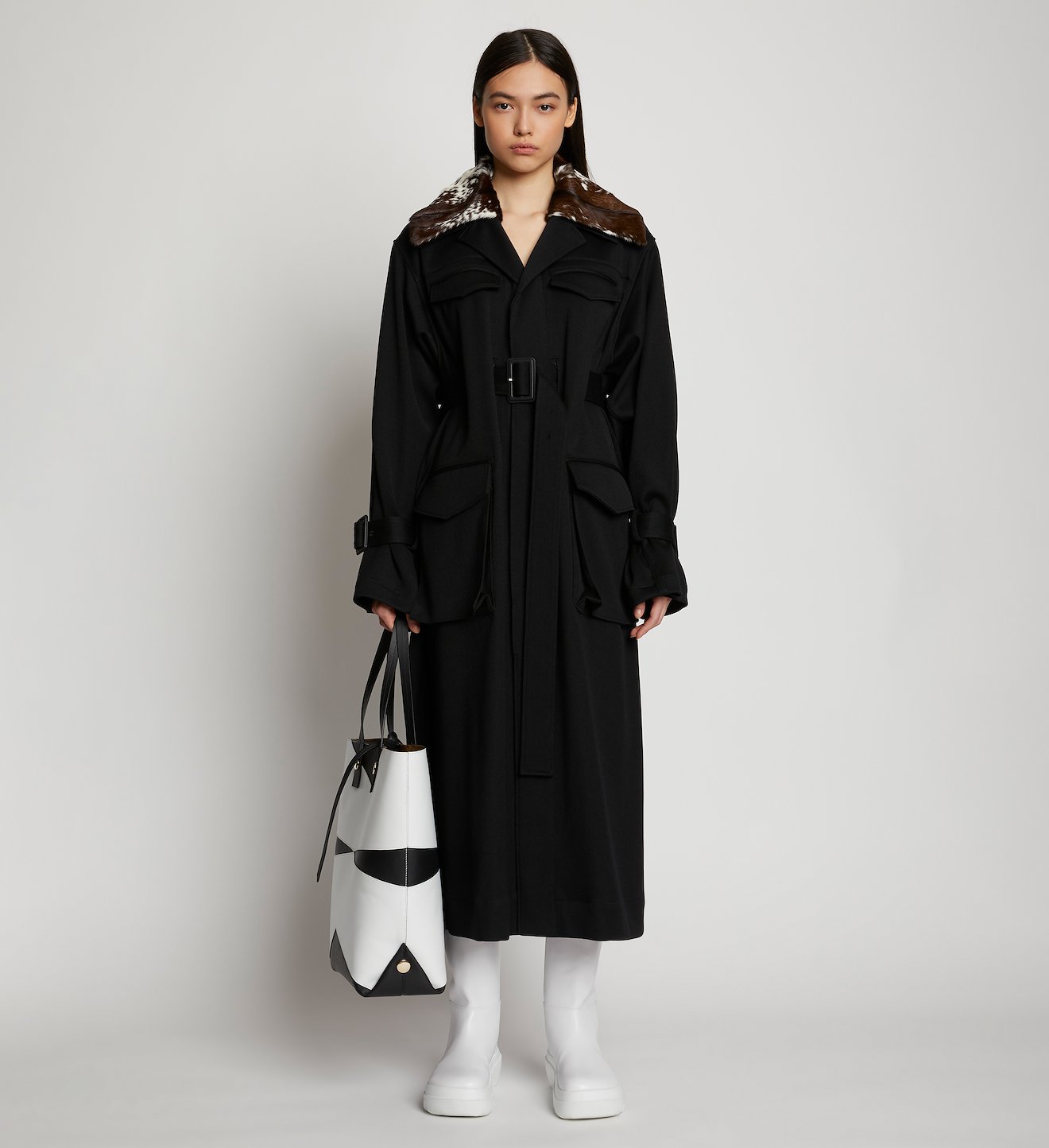 Wool Twill Shearling Trimmed Belted Trench Coat