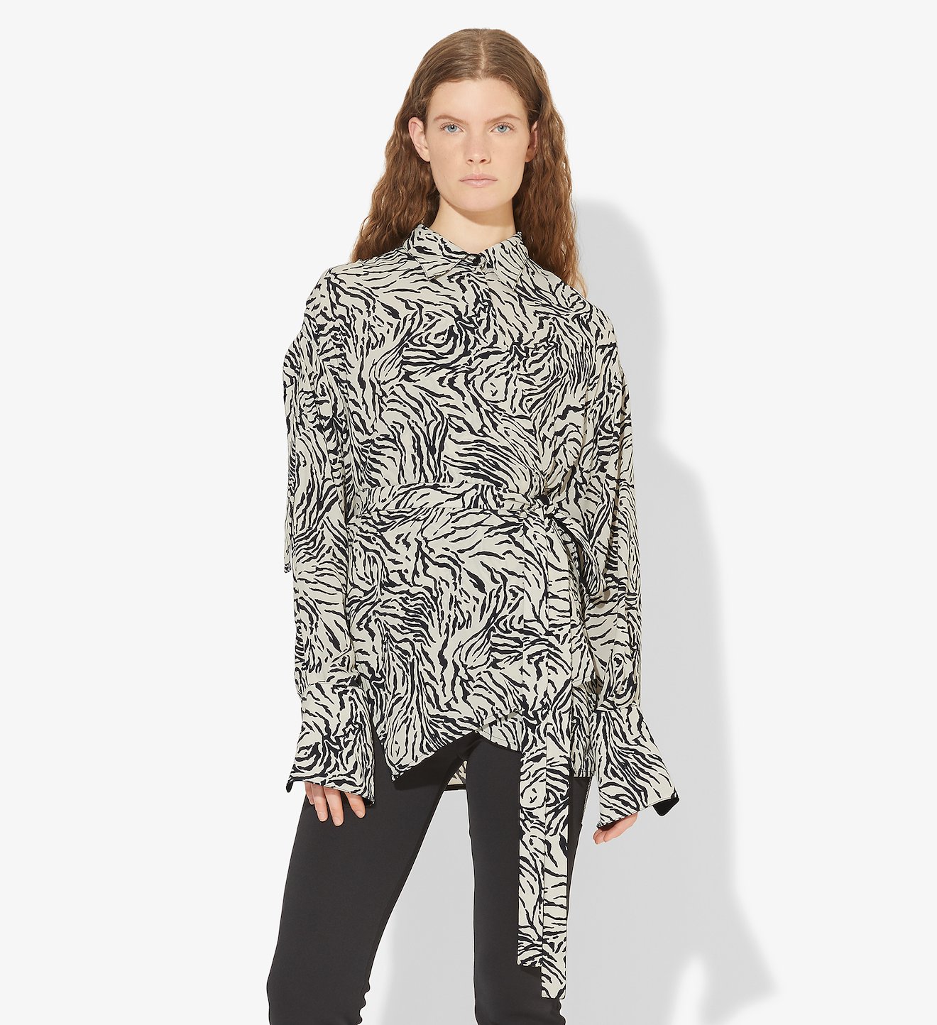 Zebra Print Exaggerated Epaulet Long Sleeve Wrap Top