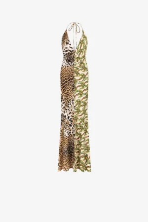 Abito lungo con stampe Jaguar e Palme